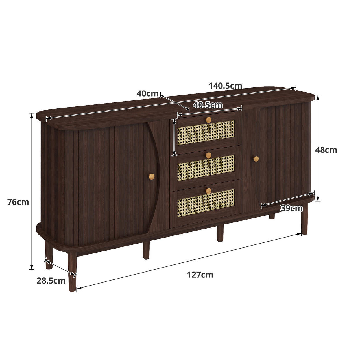SIDEBOARD 140,5/40/76 cm mit 2 Schiebetüren & 3 Rattanschubladen in Walnuss-Optik - Naturfarben, Holzwerkstoff (140.5/73/40cm) - BEAOK