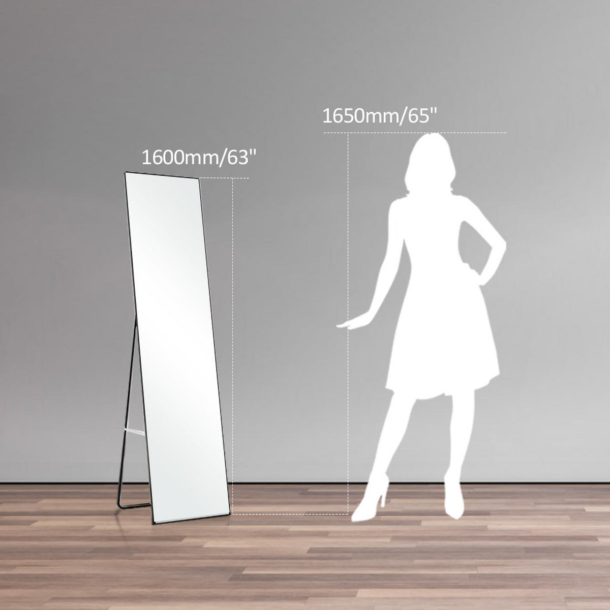 STANDSPIEGEL Wandmontage oder Freistehend, Schwarz 160/40/2 cm - Schwarz, Glas/Metall (40/160/160cm) - EMKE