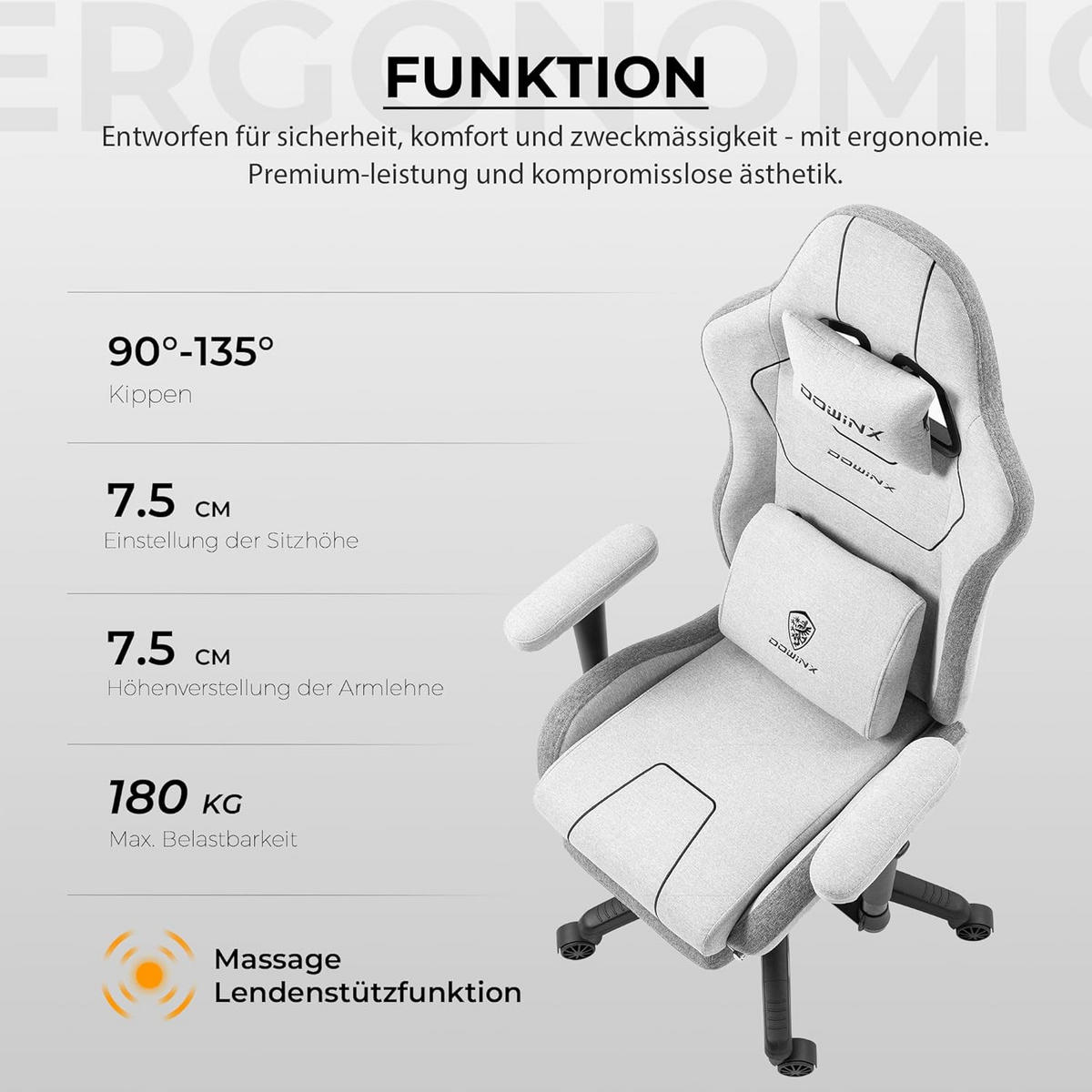 GAMING Stuhl Stoff & Taschenfederkissen PC Bürostuhl & Fußstützen - Grau, Textil (70/130/60cm)
