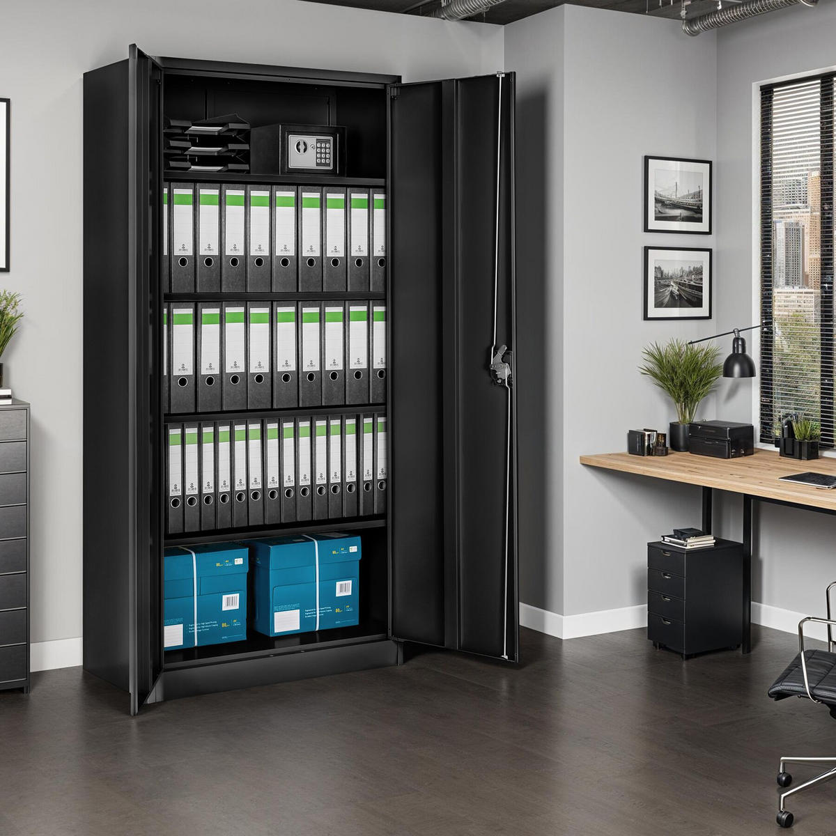 AKTENSCHRANK ,180 x 90 x 40 cm,schwarz - Schwarz, Metall (40/180/90cm) - tectake