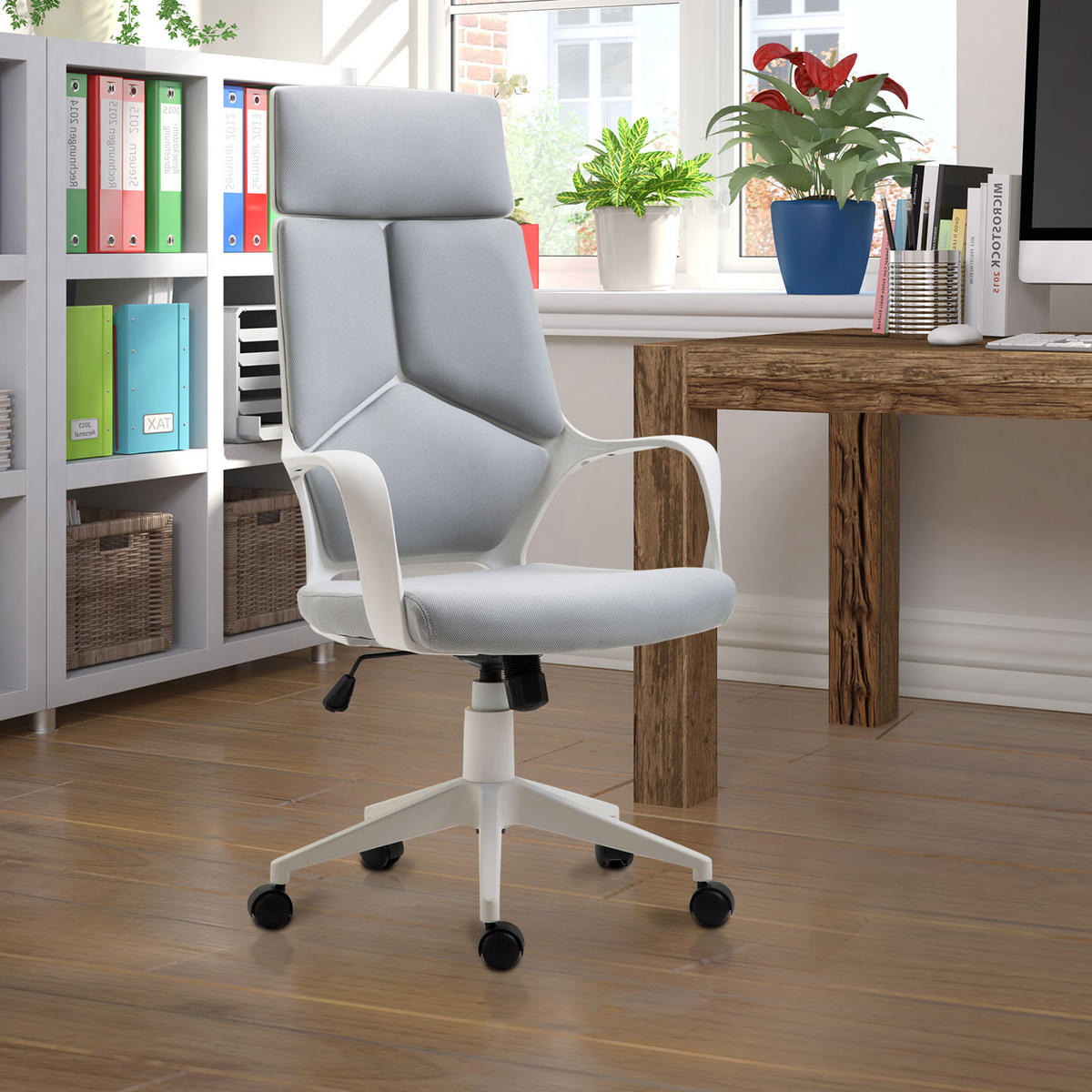 BÜROSTUHL Ergonomischer Schreibtischstuhl mit Armlehne, Wippfunktion Grau - Weiß/Grau, Kunststoff/Textil (63/127/63cm) - HOMCOM