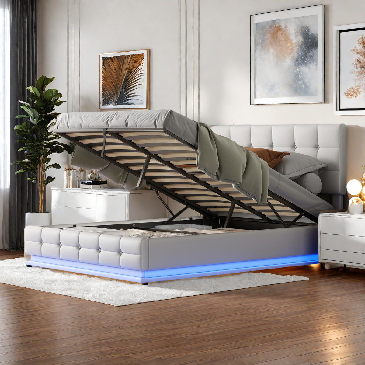 POLSTERBETT 140x200 cm, LED, mit Lattenrost & Kopfteil, Weiß - Weiß, Holz (140/200cm)