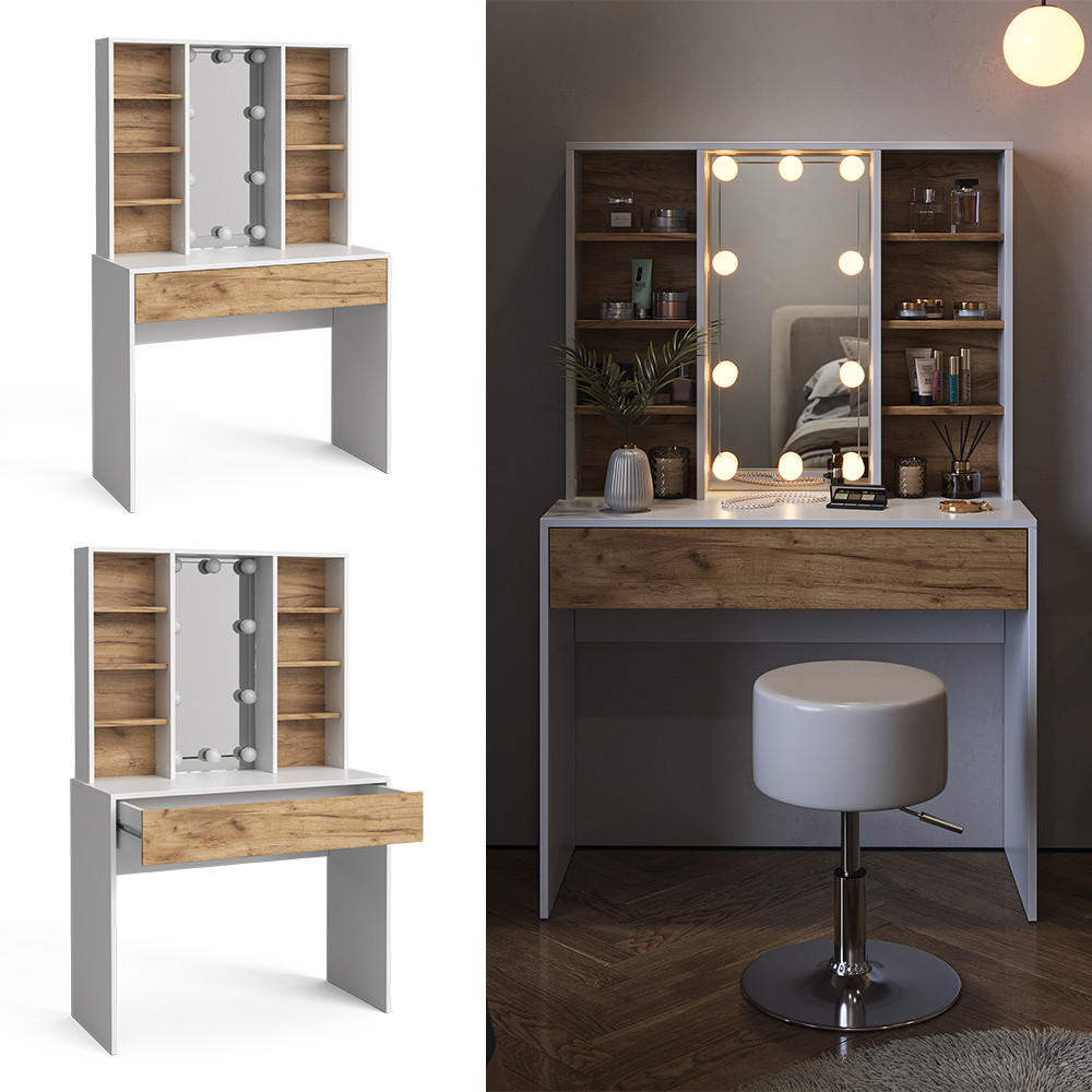 SCHMINKTISCH Alexa Goldkraft Eiche/Weiß 93 cm mit LED Beleuchtung - Honigeiche/Weiß, Holzwerkstoff (93/147/40cm) - Vicco