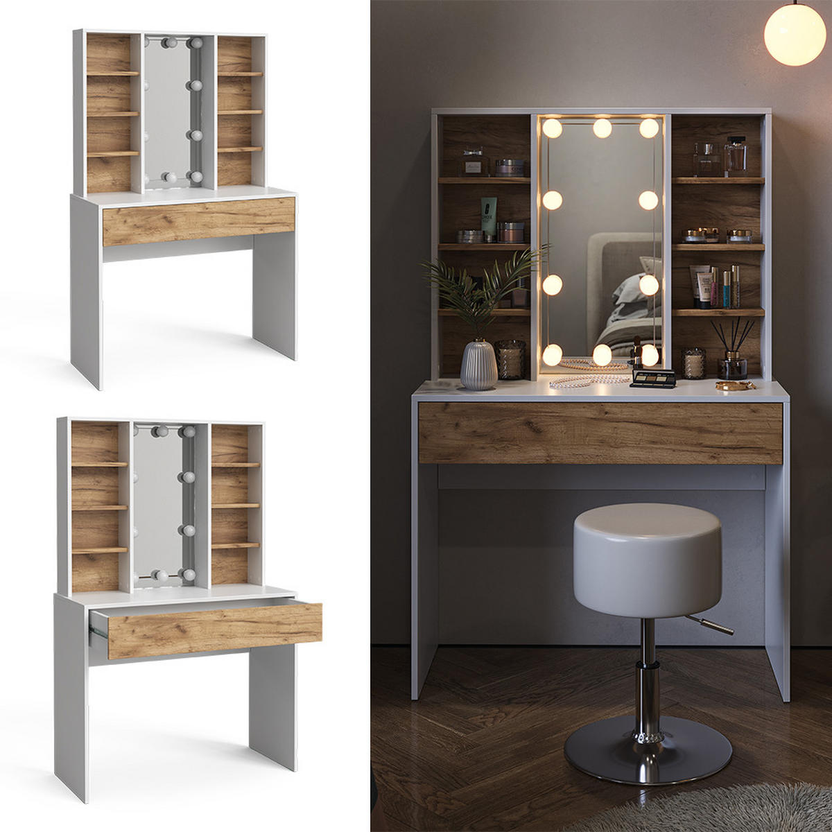 SCHMINKTISCH Alexa Goldkraft Eiche/Weiß 93 cm mit LED Beleuchtung - Honigeiche/Weiß, Holzwerkstoff (93/147/40cm) - Vicco