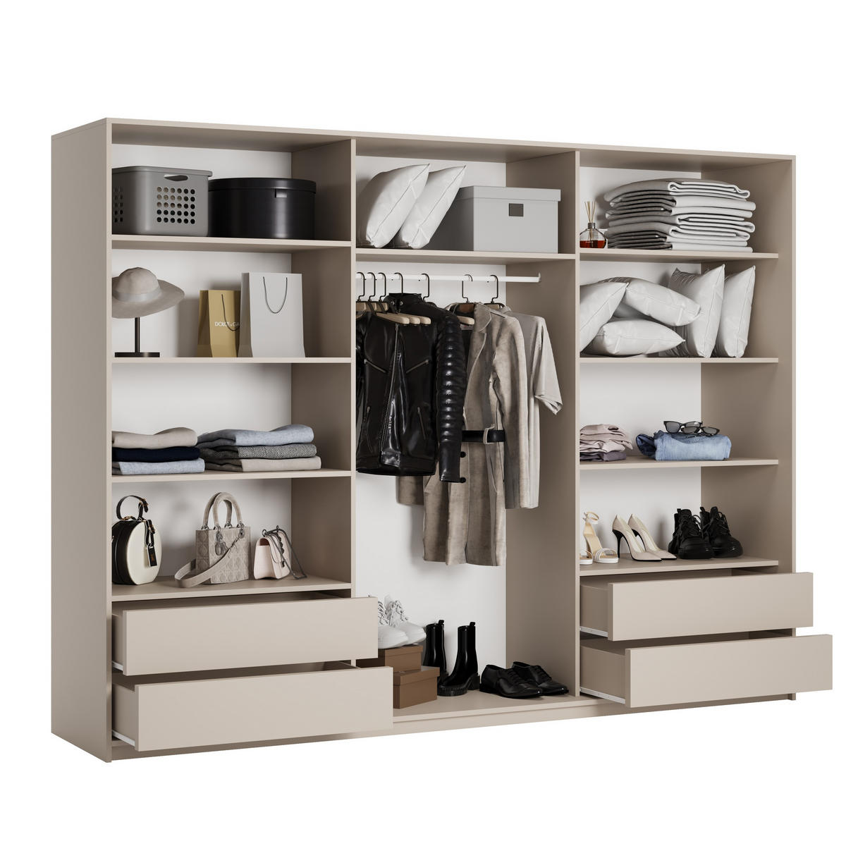 SCHWEBETÜRENSCHRANK NISSE 250/205/60 cm 3-türig mit Schubladen Kaschmir - Kaschmir/Goldfarben, Holzwerkstoff (250/205/60cm) - MASSENO