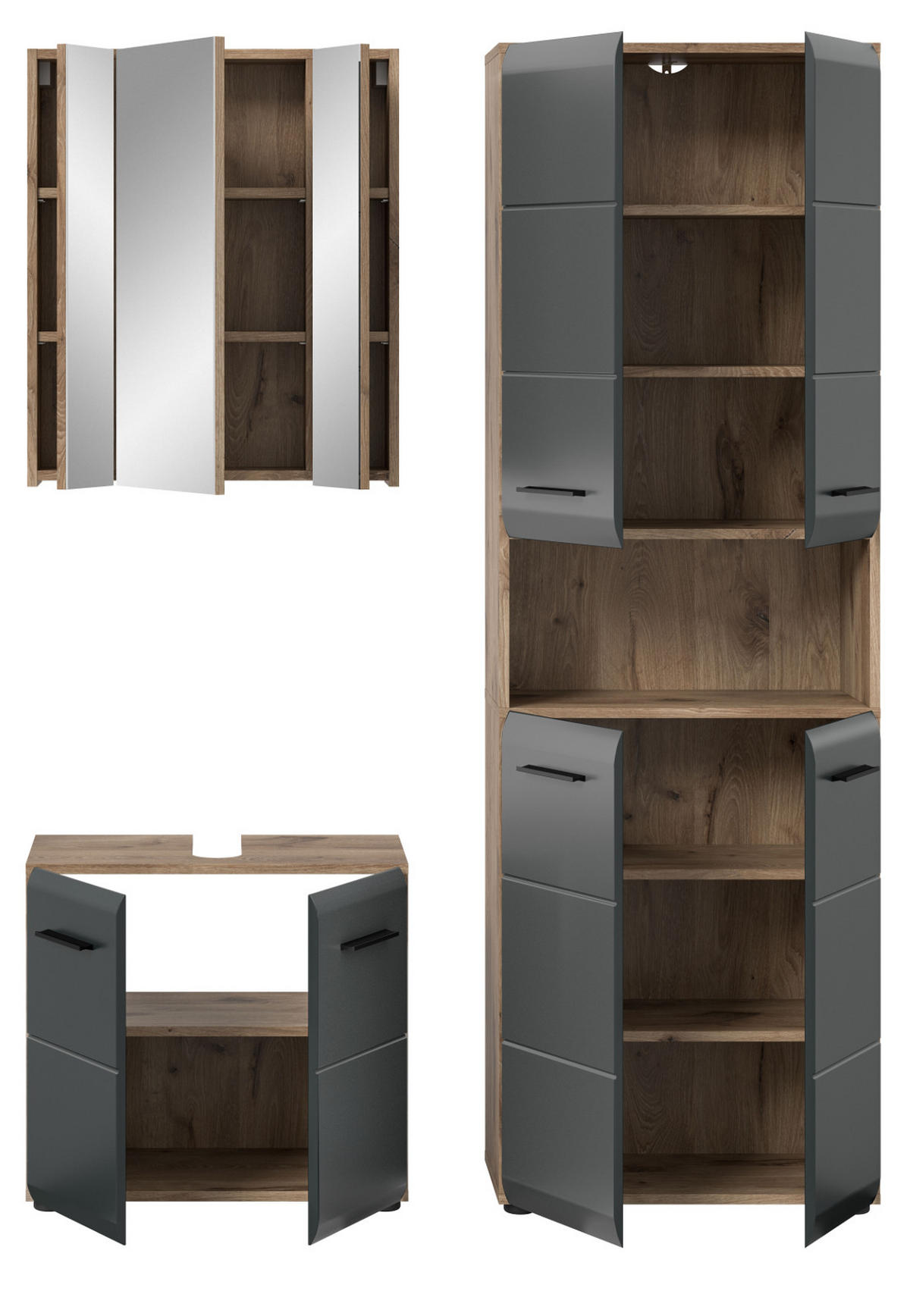 BADMÖBEL-SET 3-teilig schwarz matt, Nox Eiche inklusive Hochschrank 4-türig, 135 x 185 cm - Eichefarben/Schwarz, Glas/Holzwerkstoff (135/185/30cm) - Inn.Furn