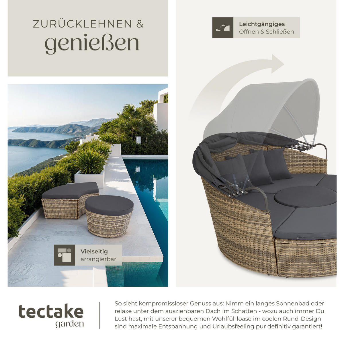 RATTAN SONNENINSEL Santorin,variabel aufstellbar,natur - Naturfarben, Kunststoff (171/136/175cm) - tectake