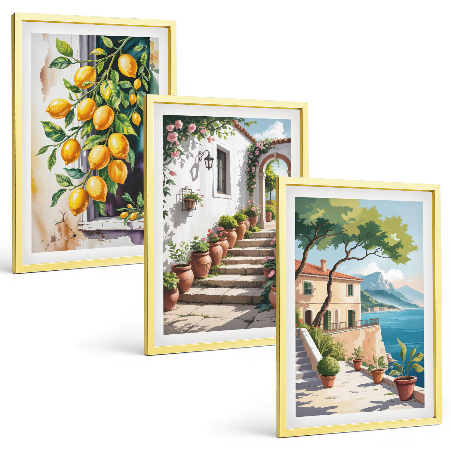 BILDER SET 3er Set - 40x60 cm Goldrahmen - Zitronen, Blumen, Meerblick - Goldfarben, Kunststoff (40/60cm) - TULUP