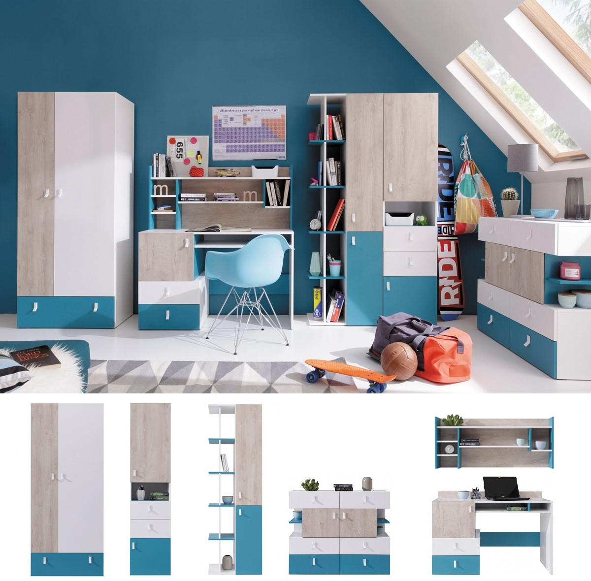 JUGENDZIMMER Space Set C 6-teilig - Weiß-Eiche-Türkis - Türkis/Eichefarben, Holzwerkstoff (80/190/50cm) - QMM TraumMöbel