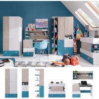 JUGENDZIMMER Space Set C 6-teilig - Weiß-Eiche-Türkis - Türkis/Eichefarben, Holzwerkstoff (80/190/50cm) - QMM TraumMöbel