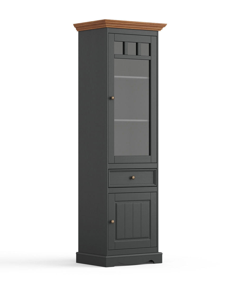 VITRINE Belluno Elegante Kiefer gebeizt, Eichefarben / basaltgrau (RAL7012) lackiert 59,5 / 44 / 190cm - Eichefarben/Grau, Holz/Metall (60/190/44cm) - Feldmann-Wohnen