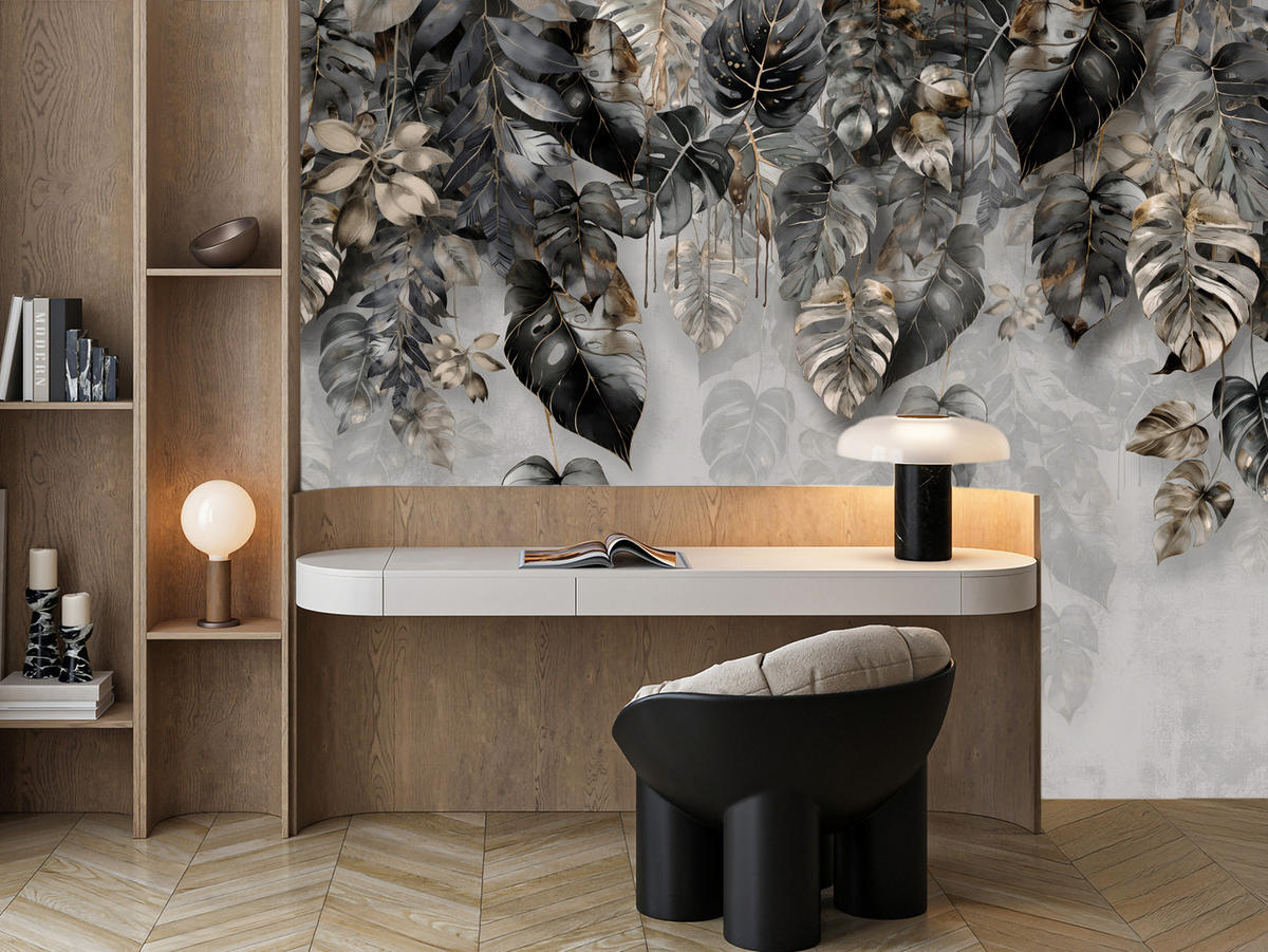 FOTOTAPETE für Wohnzimme Tropenblätter Beton Monstera 300x210 - Gelb/Schwarz, Papier (300/210cm) - Muralo