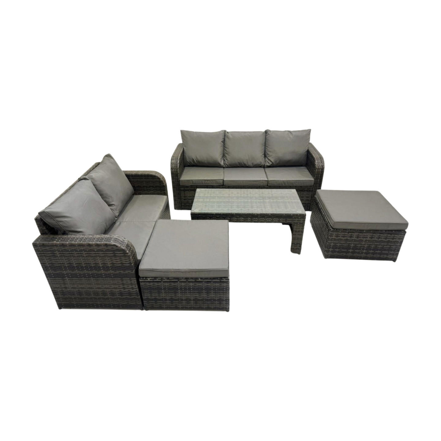 GARTENSOFA SET mit COUCHTISCH Polyrattan 7-Sitzer - Dunkelgrau/Grau, Glas/Kunststoff - Fimous