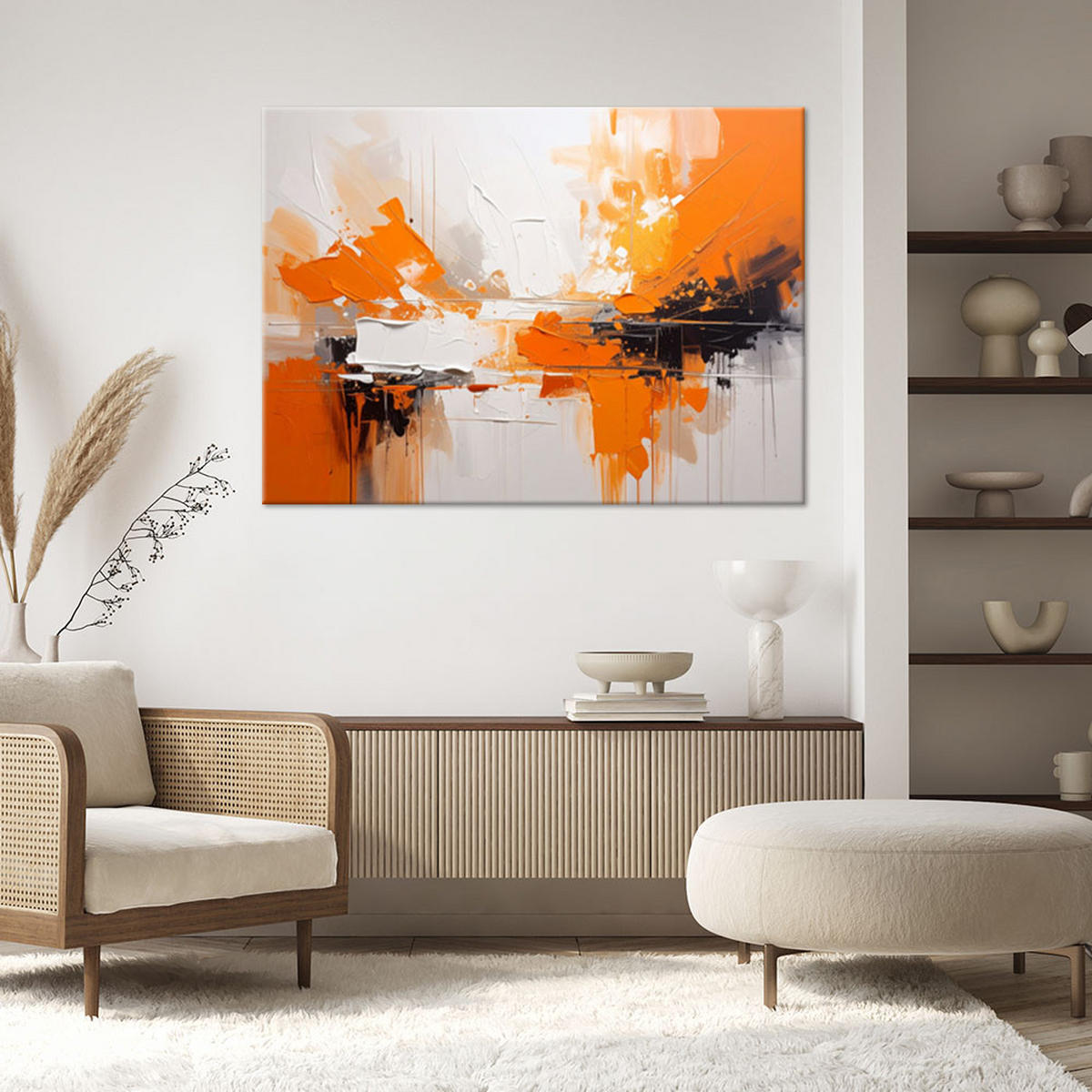 LEINWANDBILD, Abstraktion in Orange, Weiß und Schwarz - Orange, Textil (120/80cm) - Feeby