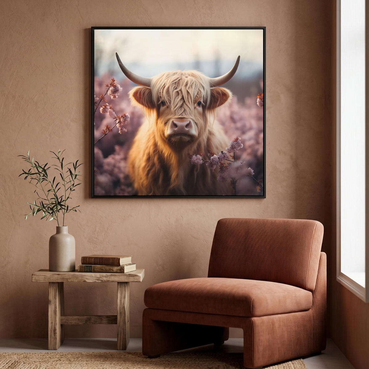 LEINWAND Bilder mit Rahmen - Schottischer Hochländer - Frühling - Hochland - 90x90 - Hellrosa, Textil (90/90cm) - MuchoWow
