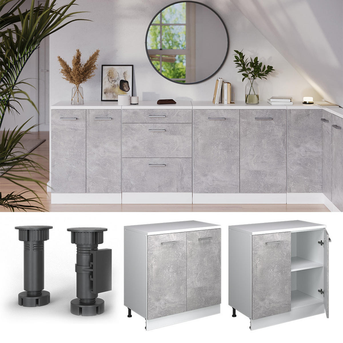 ORMAR ZA POTKROVLJE Rion Beton 80 x 81.6 cm bez kosine s 2 vrata - siva, drvni materijal (80/81.6/46cm) - Vicco