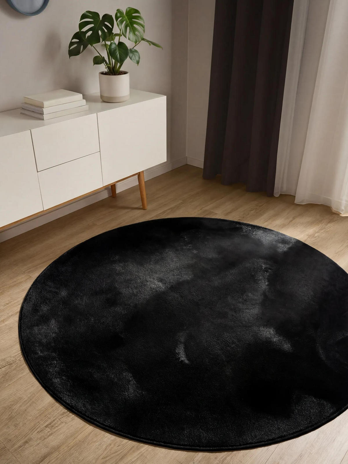 KUNSTFELLTEPPICH Furry Schwarz ø 160 cm rund - Schwarz, Kunststoff/Textil (160/160cm) - benuta