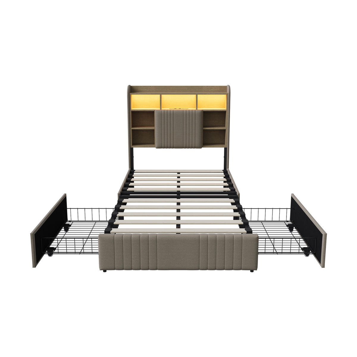 POLSTERBETT 90/200 cm Beige mit 2 Schubladen, LED-Kopfteil mit Ablage und USB - Beige, Metall (90/200cm) - EuroLiving