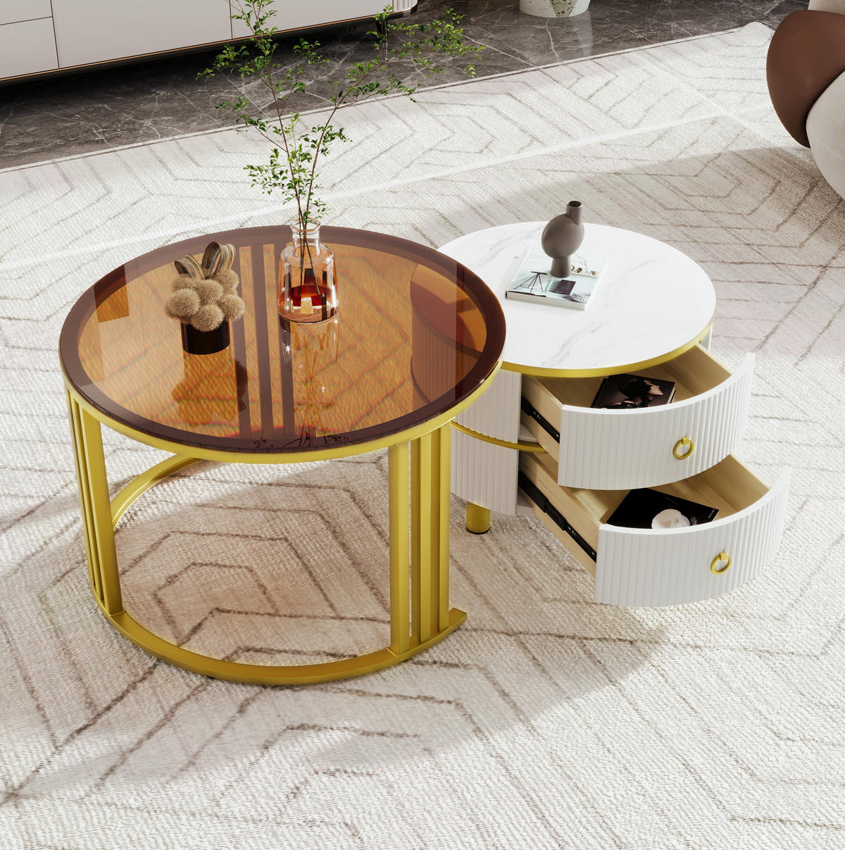 COUCHTISCH-SET aus MDF und Glas 70x70x45 cm Weiß mit 2 Schubladen - Weiß, Holzwerkstoff (70/70/45cm) - IVMEU