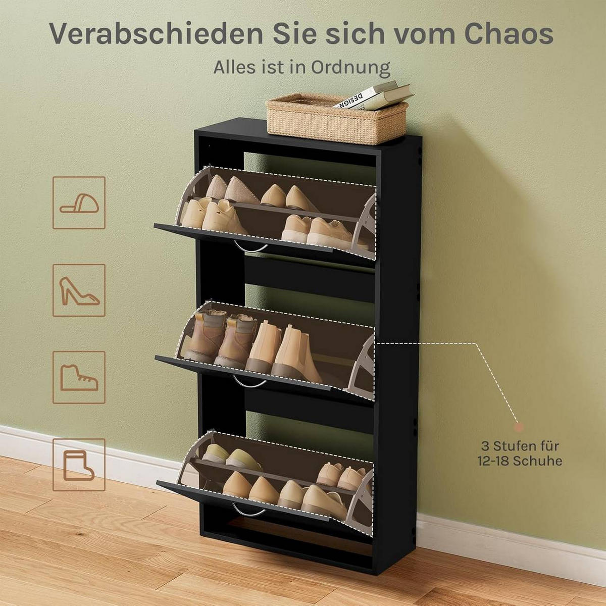 SCHUHKIPPER 58x23x118 cm, Schwarz - Silberfarben/Schwarz, Holzwerkstoff (58/118/23cm) - Woltu