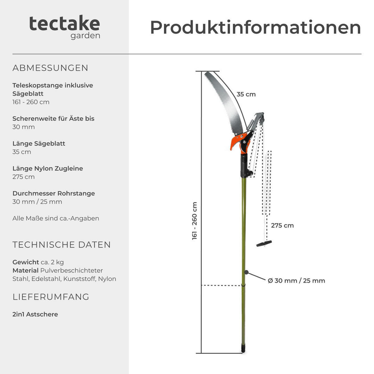 TELESKOP-ASTSCHERE ,rutschfester Griff,grün - Grün, Metall (35/3/260cm) - tectake