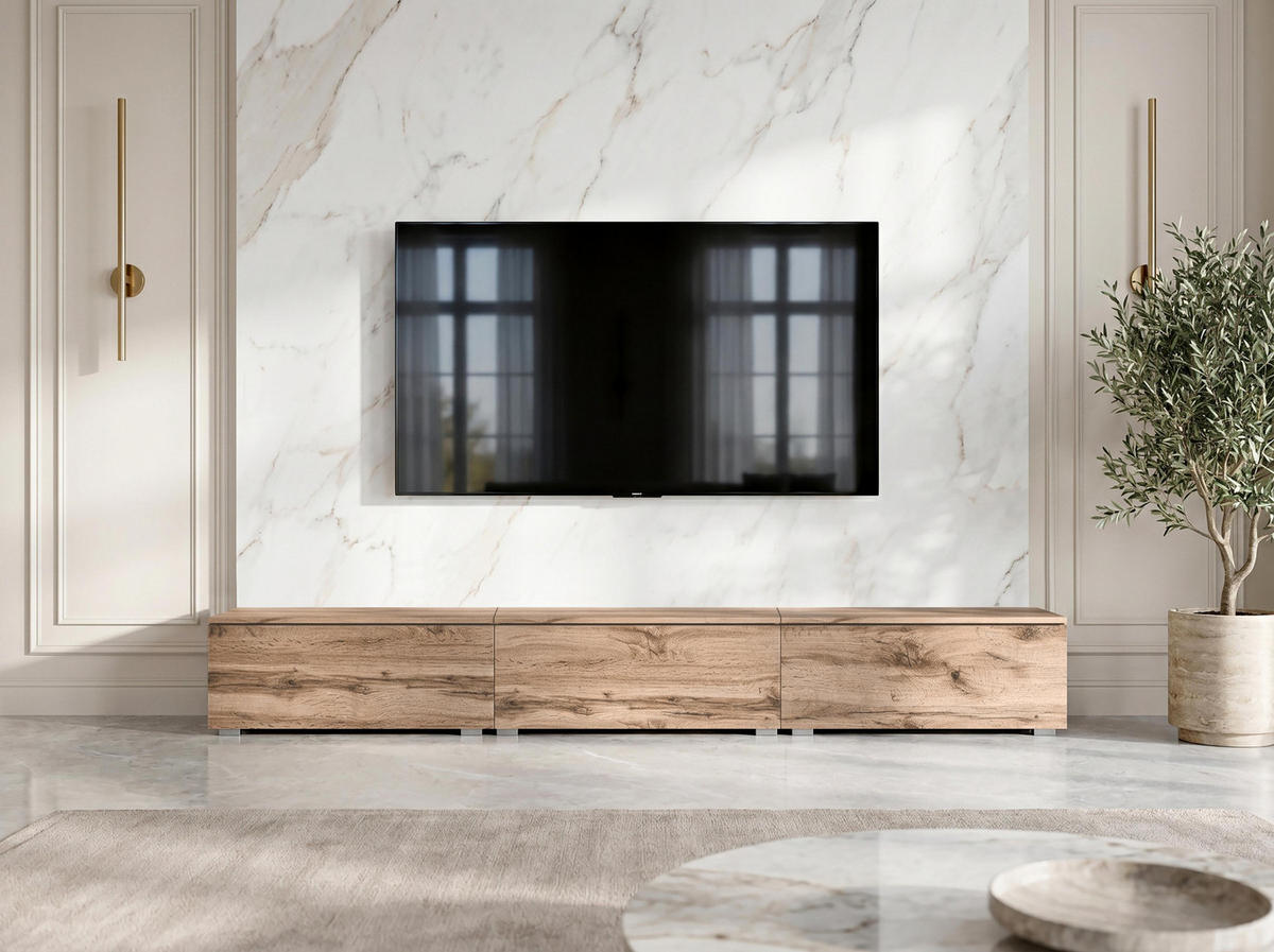 LOWBOARD Barvo 3x100 Eiche Wotan 300/36,5/32 cm – hängend oder stehend - Braun, Holzwerkstoff/Kunststoff (300/36.5/32cm) - AX Living
