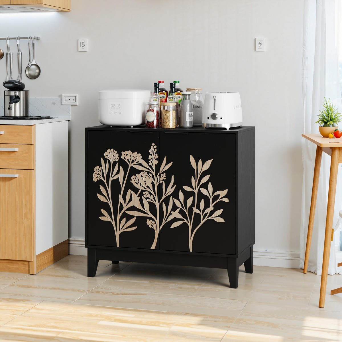 SIDEBOARD 80 cm in Schwarz mit 2 Türen und verstellbarem Einlegeboden - Schwarz, Holzwerkstoff (80/76/38cm) - Flora Grace