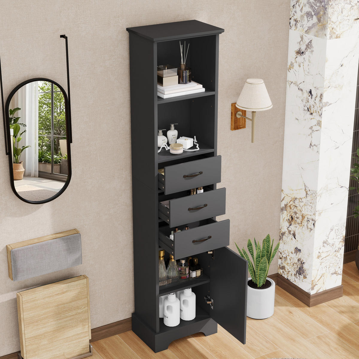 HOCHSCHRANK 38/26/172.5 cm Schwarz mit 3 Schubladen und doppelte offene Regalböden - Schwarz, Holz/Holzwerkstoff (26/172.5/38cm) - Oxeza