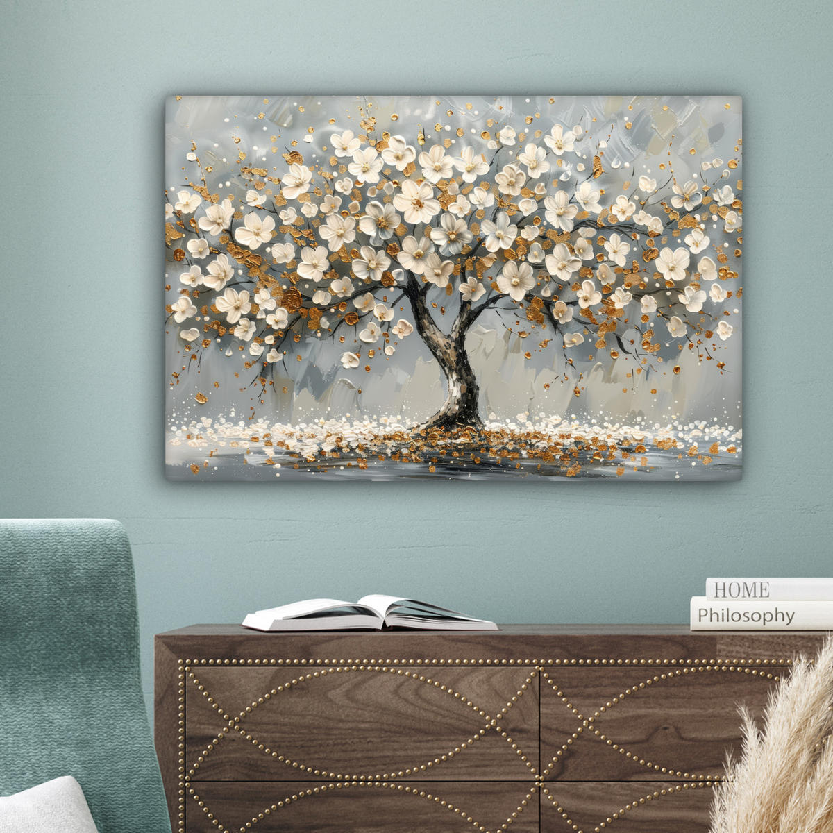 LEINWANDBILD Baum - Blumen - Weiß - Natur - Kunst Wanddeko 90x60 cm - Weiß, Textil (90/60cm) - MuchoWow