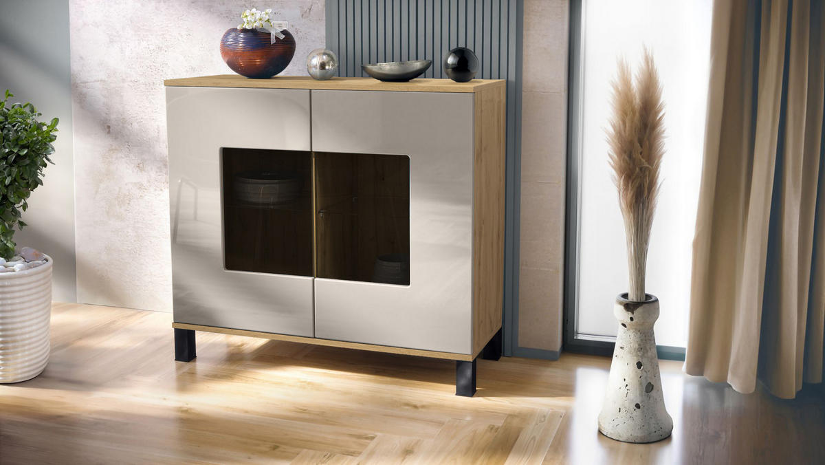 KOMMODE Grömitz Sandgrau Hochglanz - Sandfarben, Holzwerkstoff (92.5/84.5/35cm) - Vladon