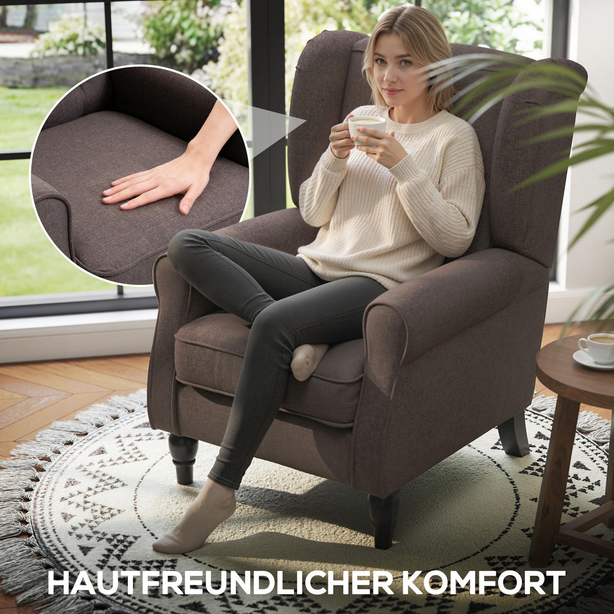 EINZELSESSEL mit Tufting Relaxsessel Einzelstuhl Holzfüße Polyester 2 Farben - Schwarz/Braun, Holz/Textil (86/102/74cm) - HOMCOM