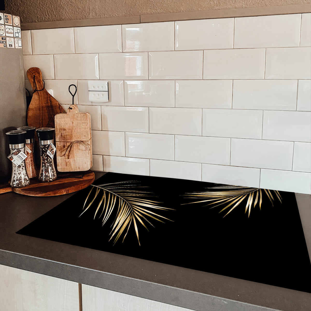 HERDABDECKPLATTE Blätter - Pflanzen - Gold - Schwarz - Luxus 78x52 cm - Goldfarben, Kunststoff (78/52/0.2cm) - MuchoWow