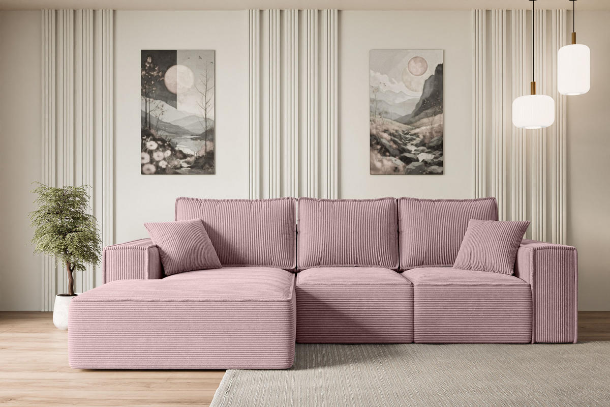 ECKSOFA mit Schlaffunktion und Bettkasten SERRA-L-S - 266x161x87 cm Rosa Cord - Schwarz/Rosa, Holzwerkstoff/Kunststoff (266/161cm) - ALTDECOR