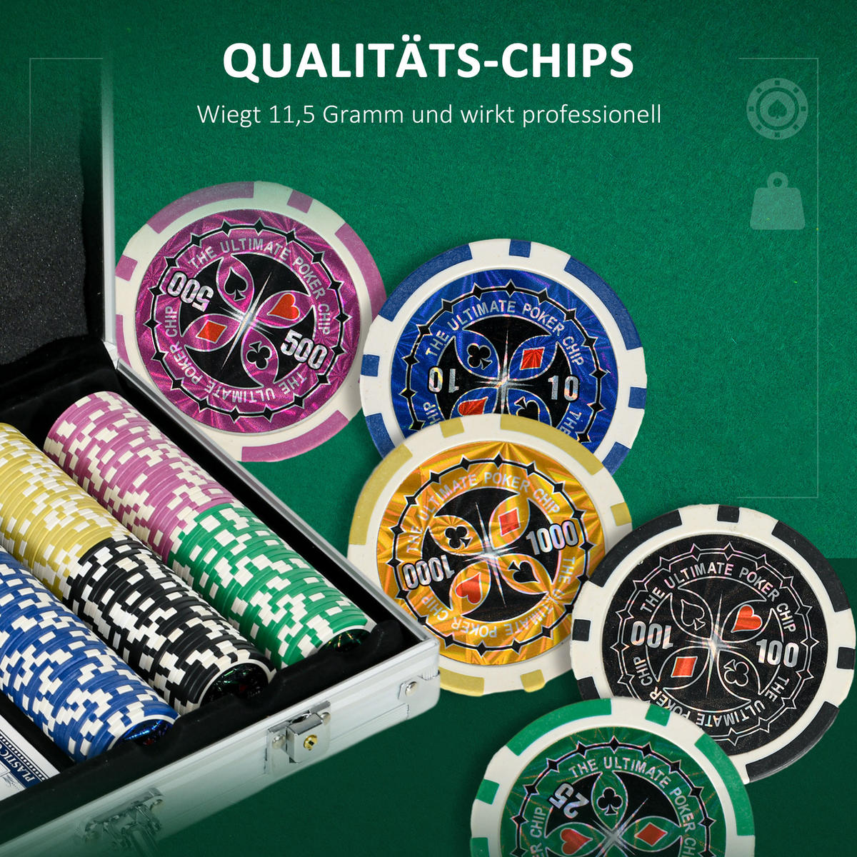POKERKOFFER Set, 300 Pokerchips 11,5 Gramm, Pokerset mit Schloss Silber - Silberfarben, Metall (23/38.5cm)