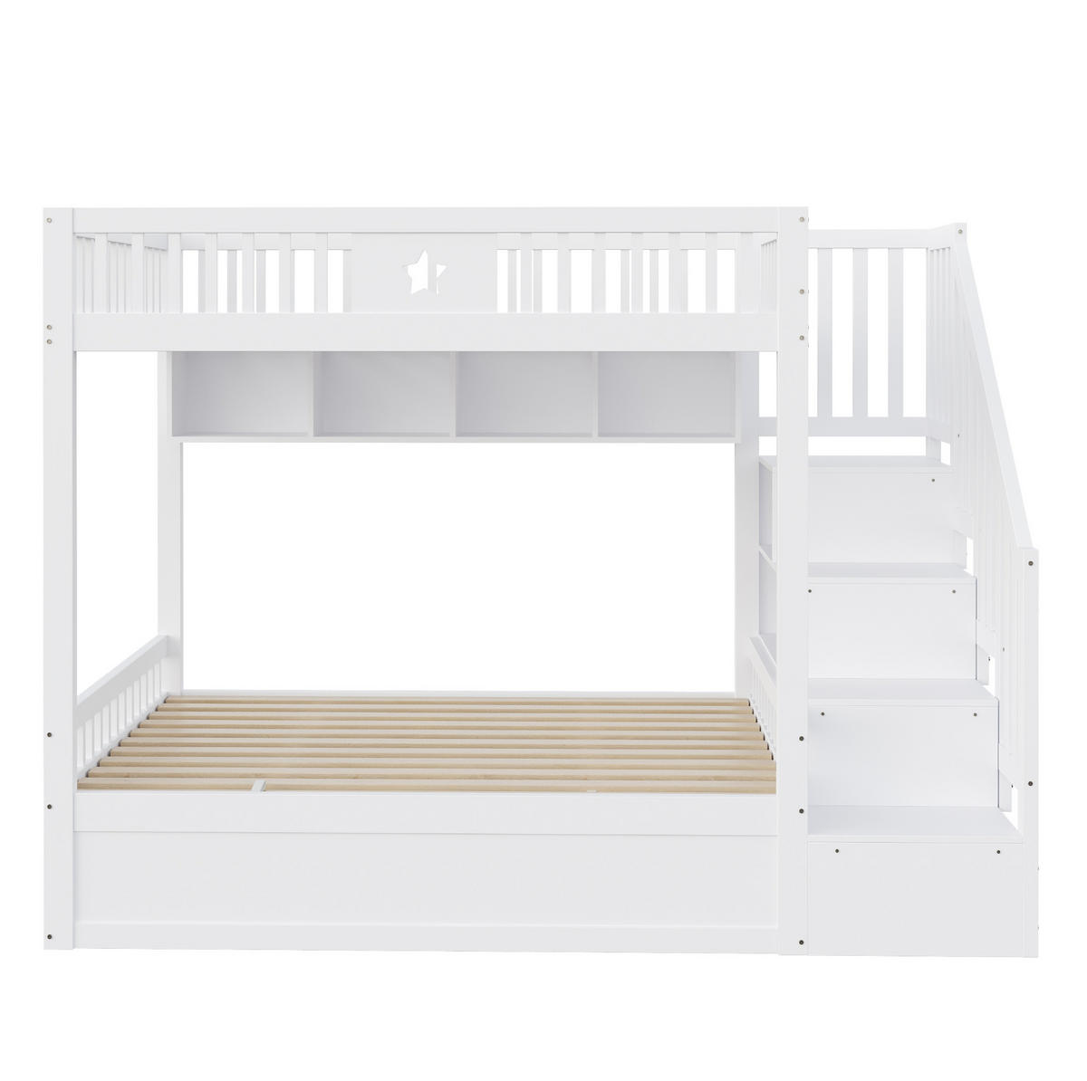 ETAGENBETT 140/200 cm Weiß mit Stauraumtreppe und hydraulischem Bettkasten - Weiß, Holzwerkstoff (140/200cm) - OKWISH
