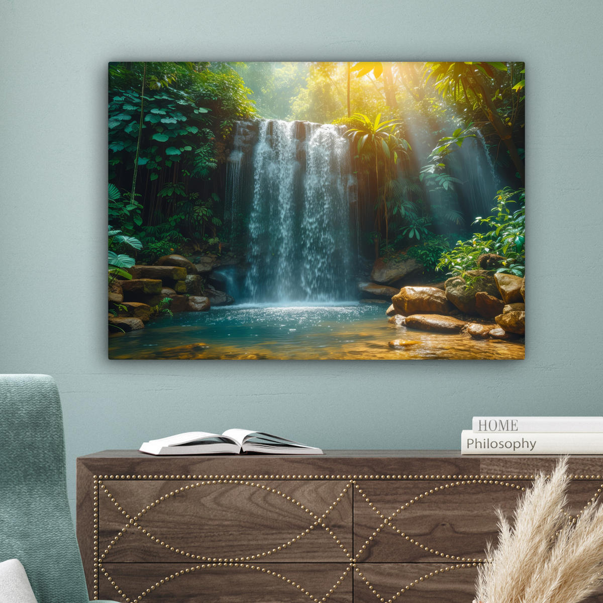 LEINWANDBILD Wasserfall - Dschungel - Sonne - Grün - Natur Wandbilder 80x60 cm - Grün, Textil (80/60cm) - MuchoWow