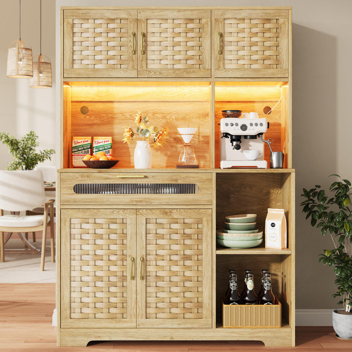 HOCHSCHRANK in MDF-Holzoptik mit geflochtenen Glasfronten, LED-App-Steuerung und USB, 120/40/180 cm, Naturfarben - Naturfarben, Holzwerkstoff (120/180/40cm) - Redom