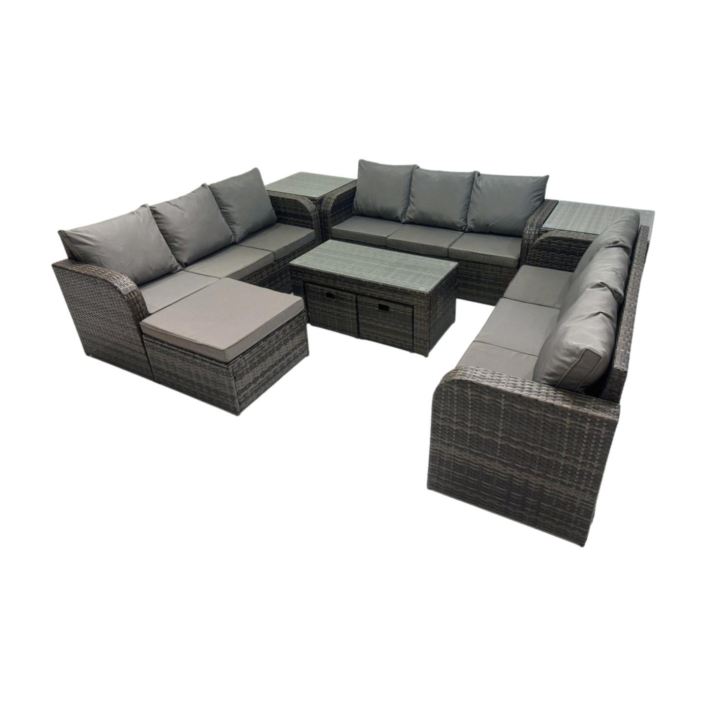 GARTENSOFA SET mit rechteckigem COUCHTISCH Polyrattan 12-Sitzer Dunkelgrau - Dunkelgrau/Grau, Glas/Kunststoff - Fimous