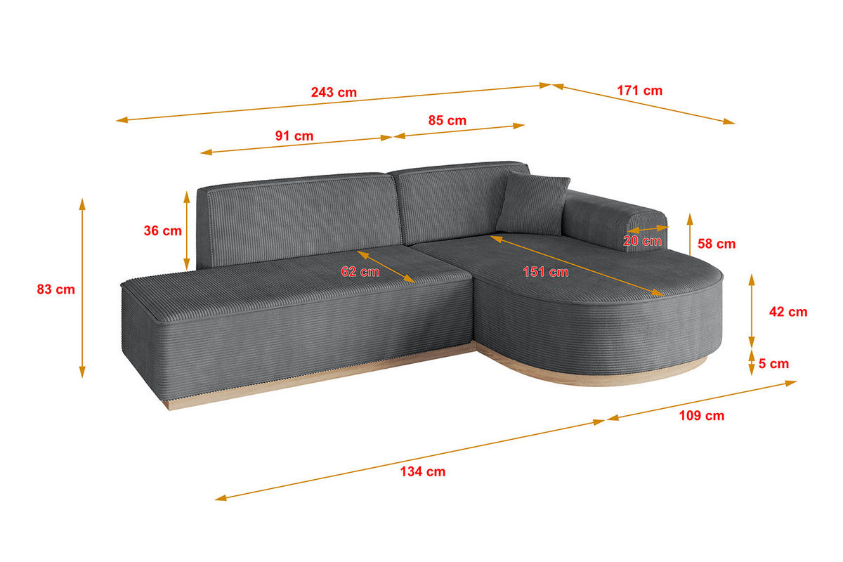 ROHOVÁ SEDAČKA s otomanem, pravá ARRIO-L1 243x171x83 Tmavě šedá Manšestr - černá/tmavě šedá, kompozitní dřevo/textil (243/171cm) - ALTDECOR