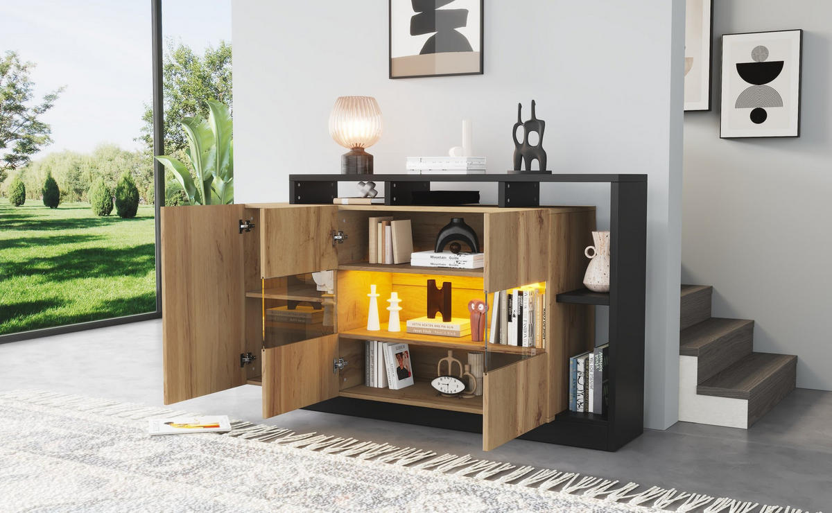 SIDEBOARD mit RGB-LED und Bluetooth, Holzoptik MDF, matte Oberfläche und schwarzem Metallrahmen, 140/44/93,5 cm,Naturfarben - Naturfarben, Holzwerkstoff (140/93.5/44cm) - Redom