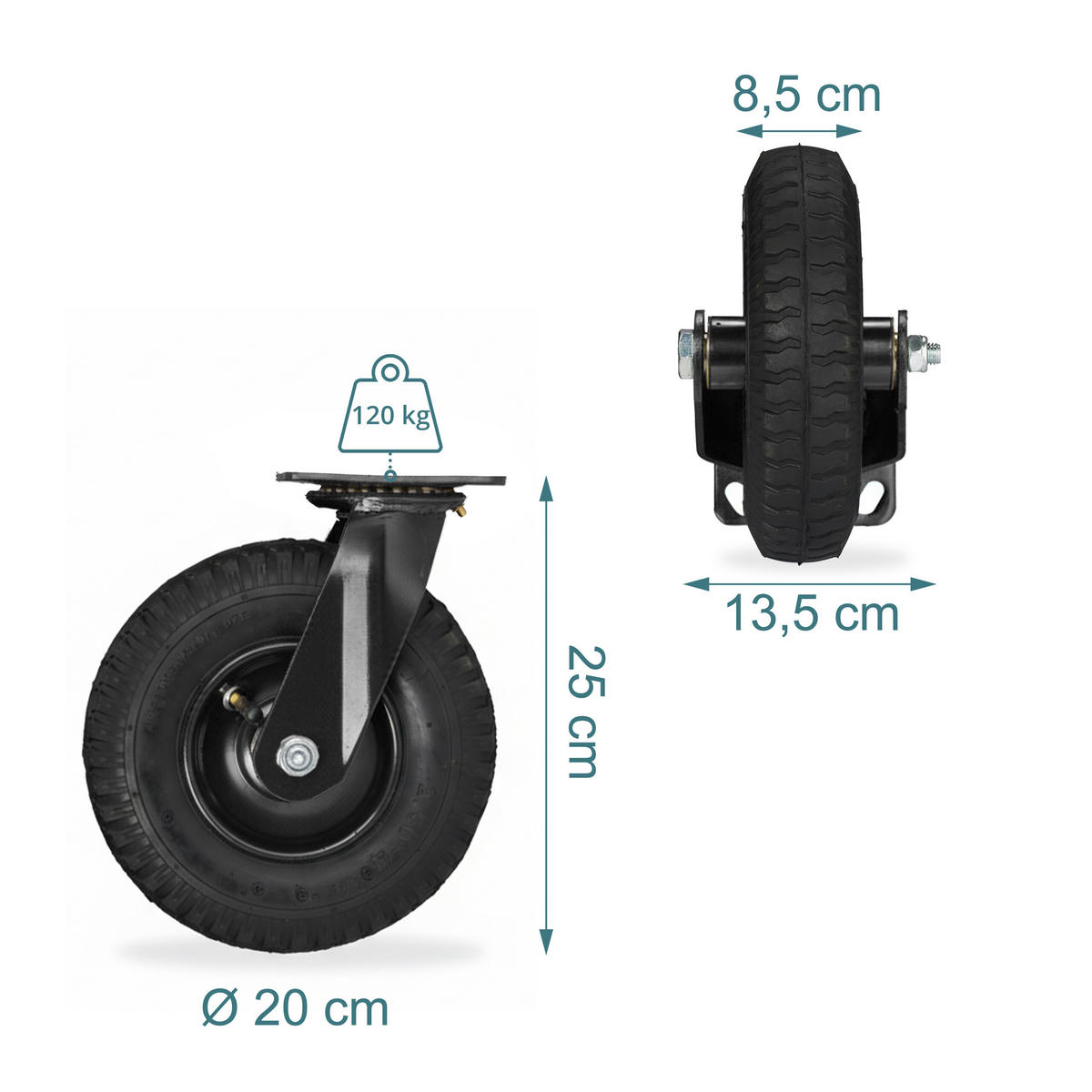KOTAČ Crna pneumatski 120 kg - crna, metal/plastika (20/14/26cm) - Relaxdays