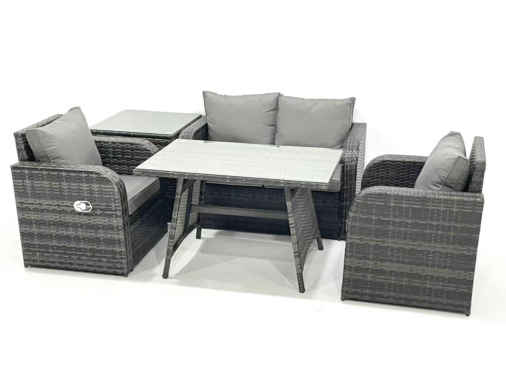 GARTENMÖBEL SET mit COUCHTISCH Polyrattan Dunkelgrau 4-Sitzer - Dunkelgrau/Grau, Glas/Kunststoff - Fimous