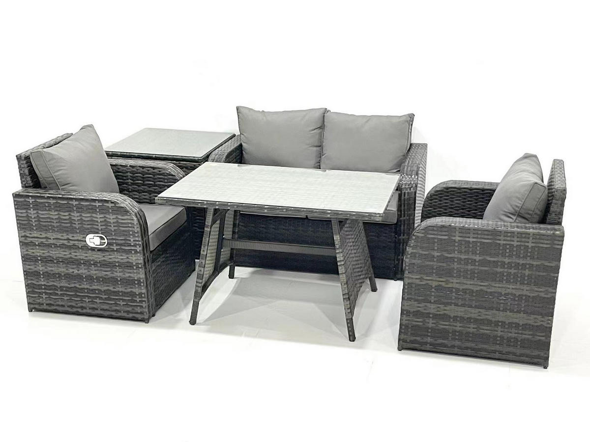 GARTENMÖBEL SET mit COUCHTISCH Polyrattan Dunkelgrau 4-Sitzer - Dunkelgrau/Grau, Glas/Kunststoff - Fimous
