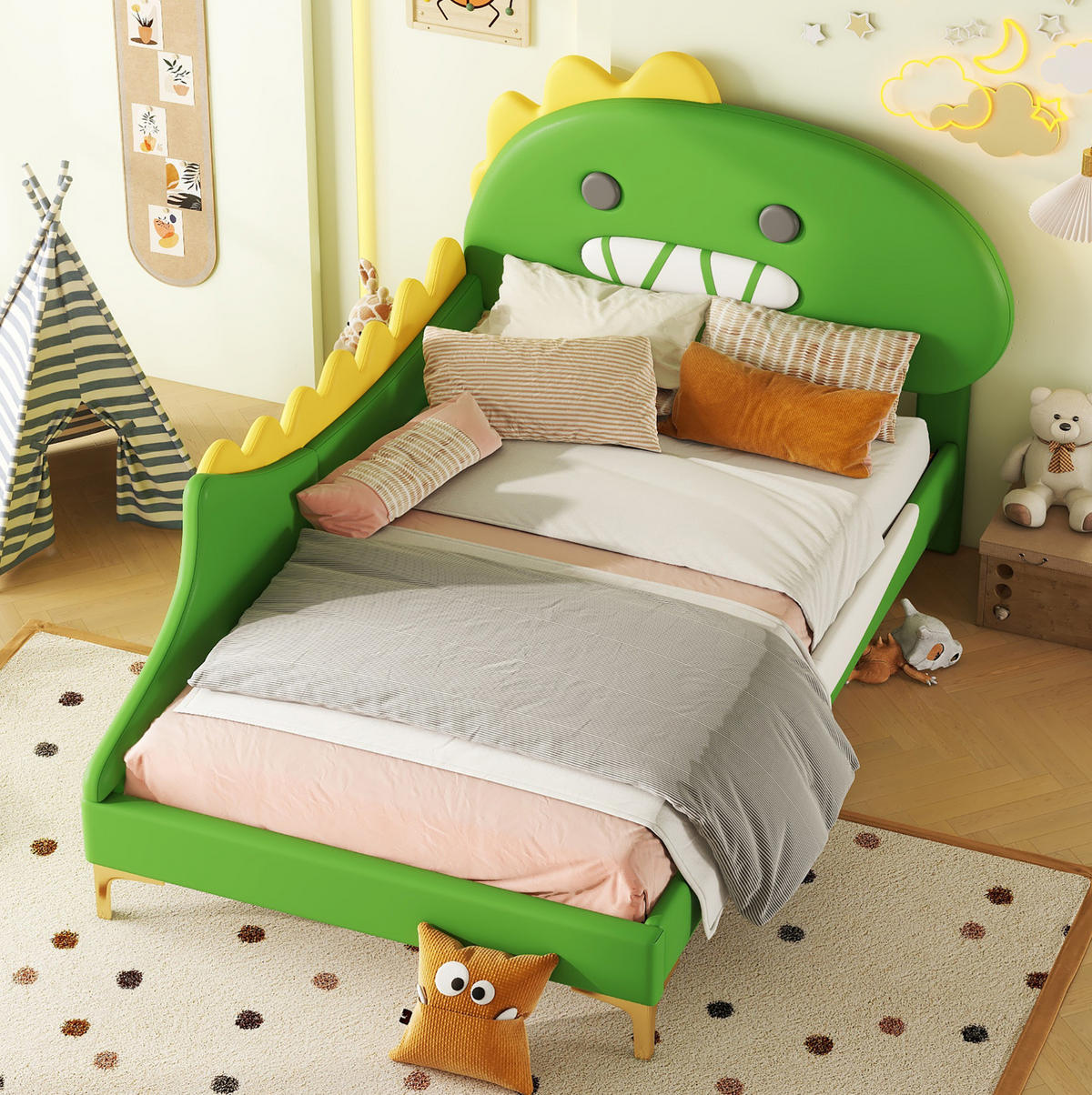 KINDERBETT aus PU und MDF 90x200 cm Grün im Cartoon-Dinosaurierdesign - Grün, Kunststoff (90/200cm) - IVMEU