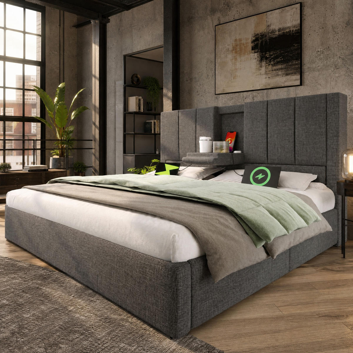 POLSTERBETT 160/200 mit Bettkasten und USB in Grau - Grau, Holzwerkstoff/Textil (160/200cm) - EVRYAE