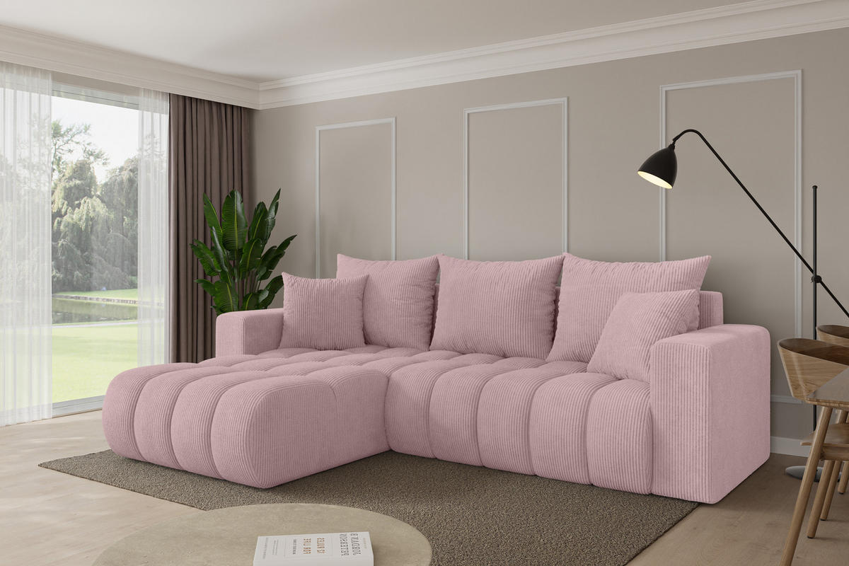 ROHOVÁ SEDAČKA s funkcí spaní, otoman vlevo MILA-L-v1 277x195x86 růžová manšestr - růžová/černá, kompozitní dřevo/textil (277/194cm) - ALTDECOR