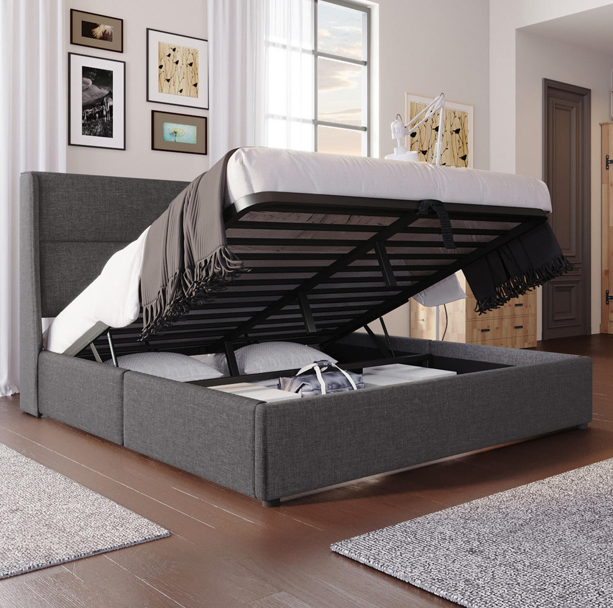 POLSTERBETT 140/200 cm mit hydraulischem Bettkasten & verstellbarer Kopfstütze, Grau - Grau, Textil (140/200cm) - Redom