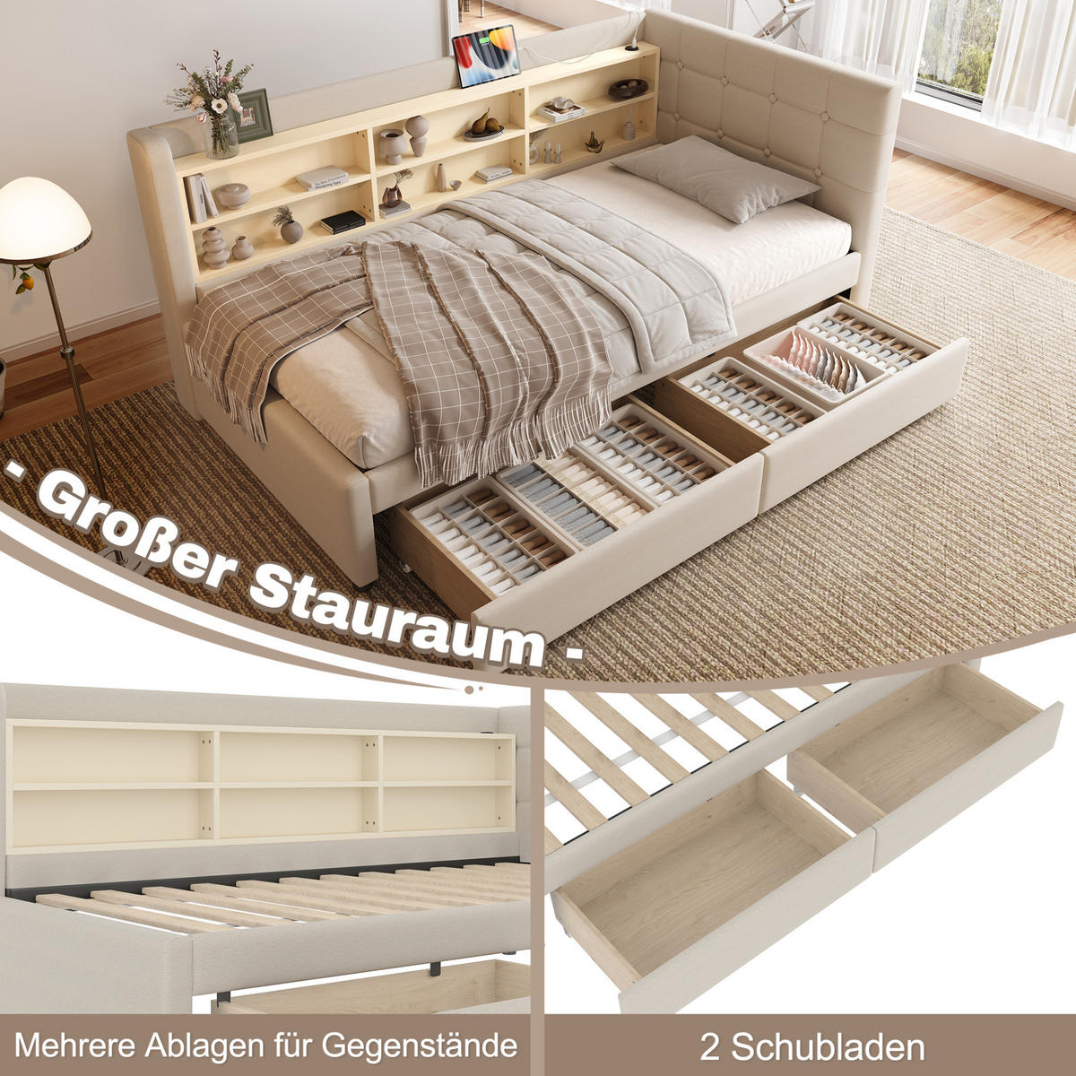 POLSTERBETT 90/200 cm aus Leinen mit 2 Schubladen, USB-C und Ablagefächern, Beige - Beige, Textil (90/200cm) - Redom