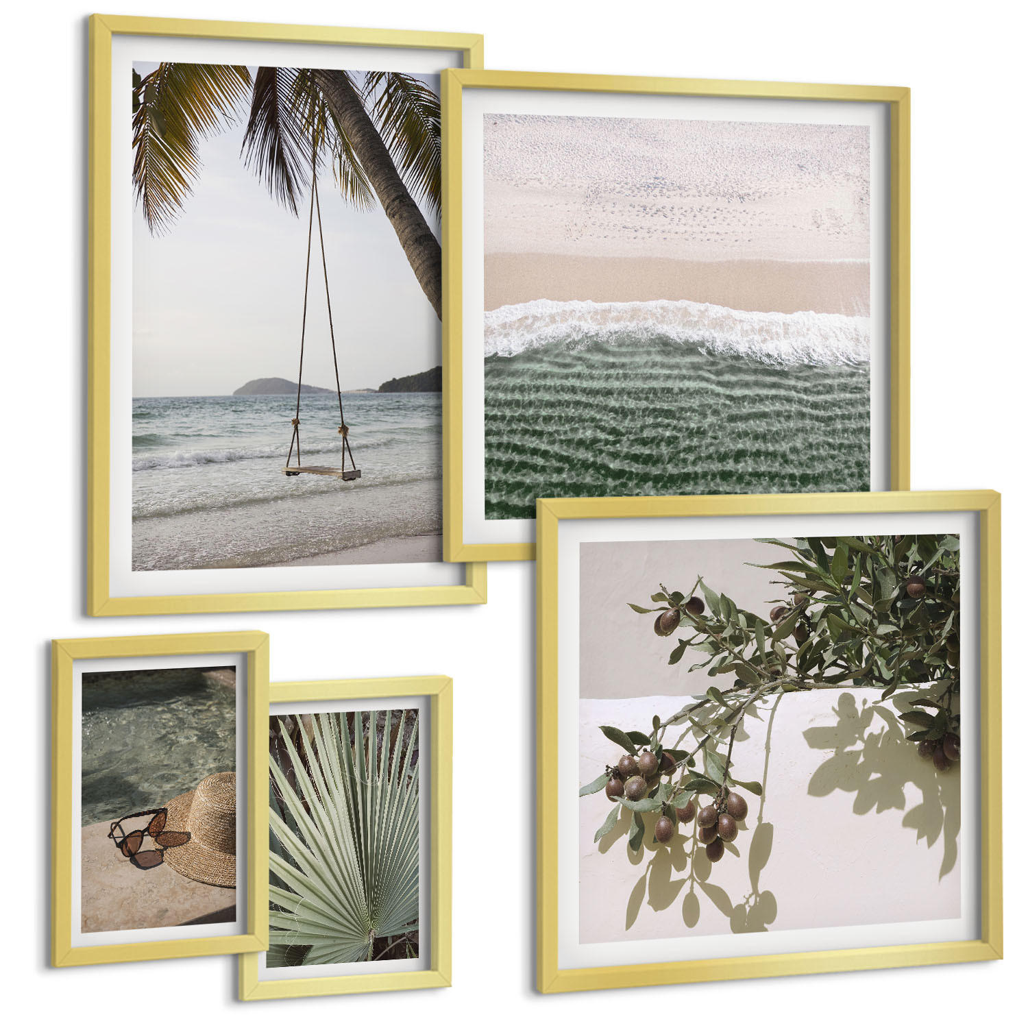 BILDER SET 5er Set - 50x50 cm & 20x30 cm & 40x60 cm Goldrahmen - Strandschaukel-Blätterurlaub - Goldfarben, Kunststoff (40/60cm) - TULUP
