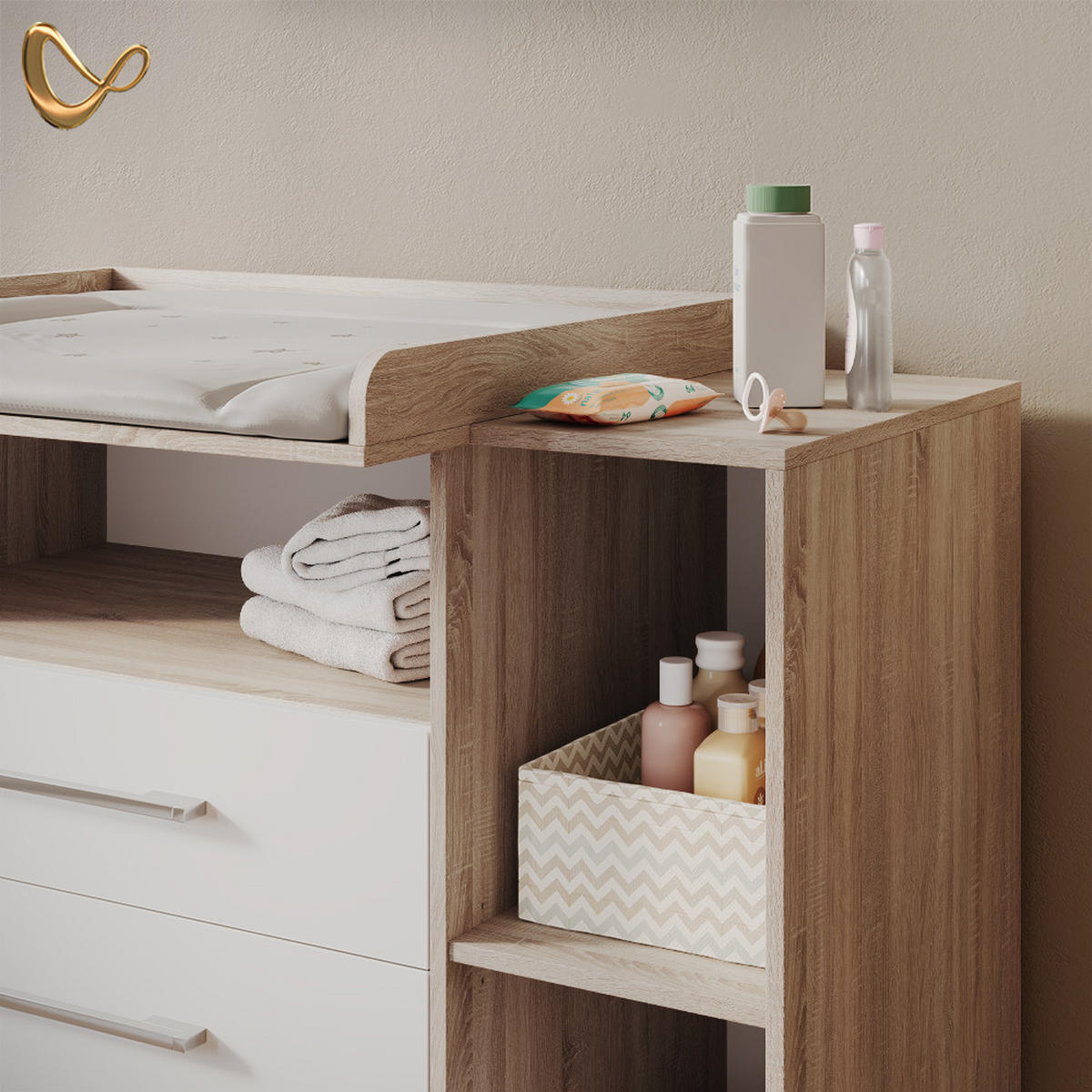 WICKELKOMMODE Torino Weiß/Sonoma mit Schubladen - Weiß/Sonoma Eiche, Holzwerkstoff (113/100/53cm) - Livinity®